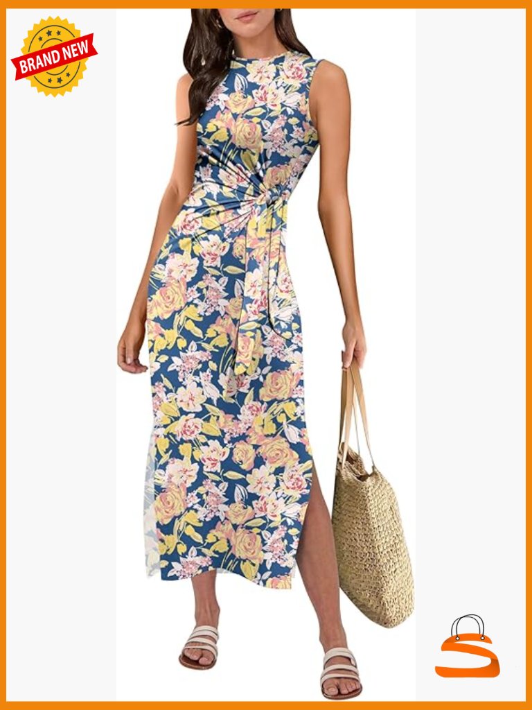 Sleeveless Tie Waist Midi Dress With Side Slit - Slim Fit